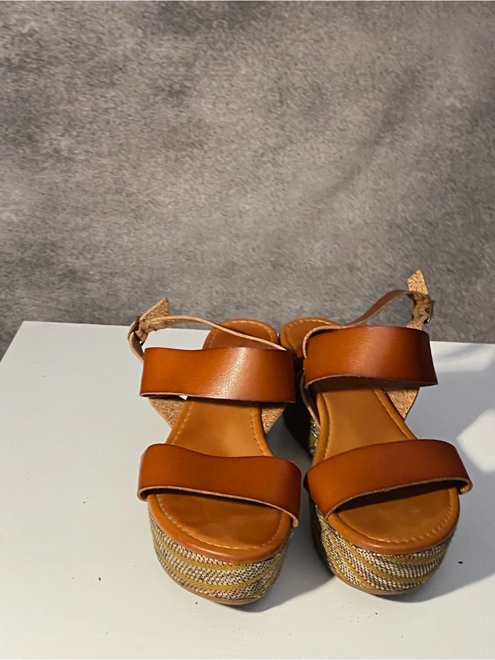 Maurices Women’s Striped Platform Wedge Sandals Brown Honey Ankle Strap Size 9M